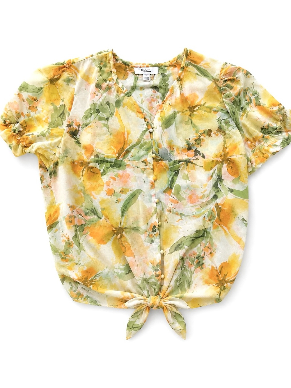C by One Floral Tie-Front Blouse Top – Size S/P – Sheer Puff Sleeve Watercolor